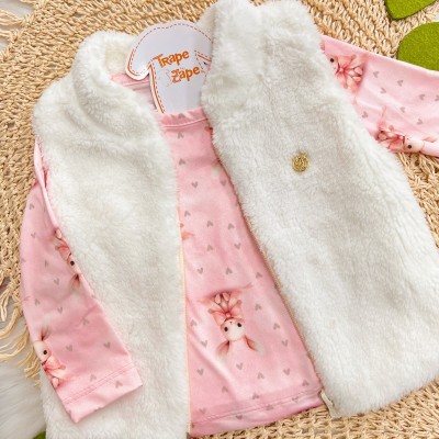 Conj. Colete de Pelinho, Blusa Coelhinha e Calça Legging - Areia